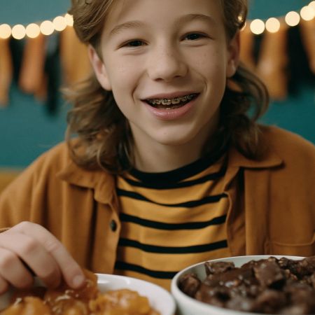kid with braces eating halloween candy